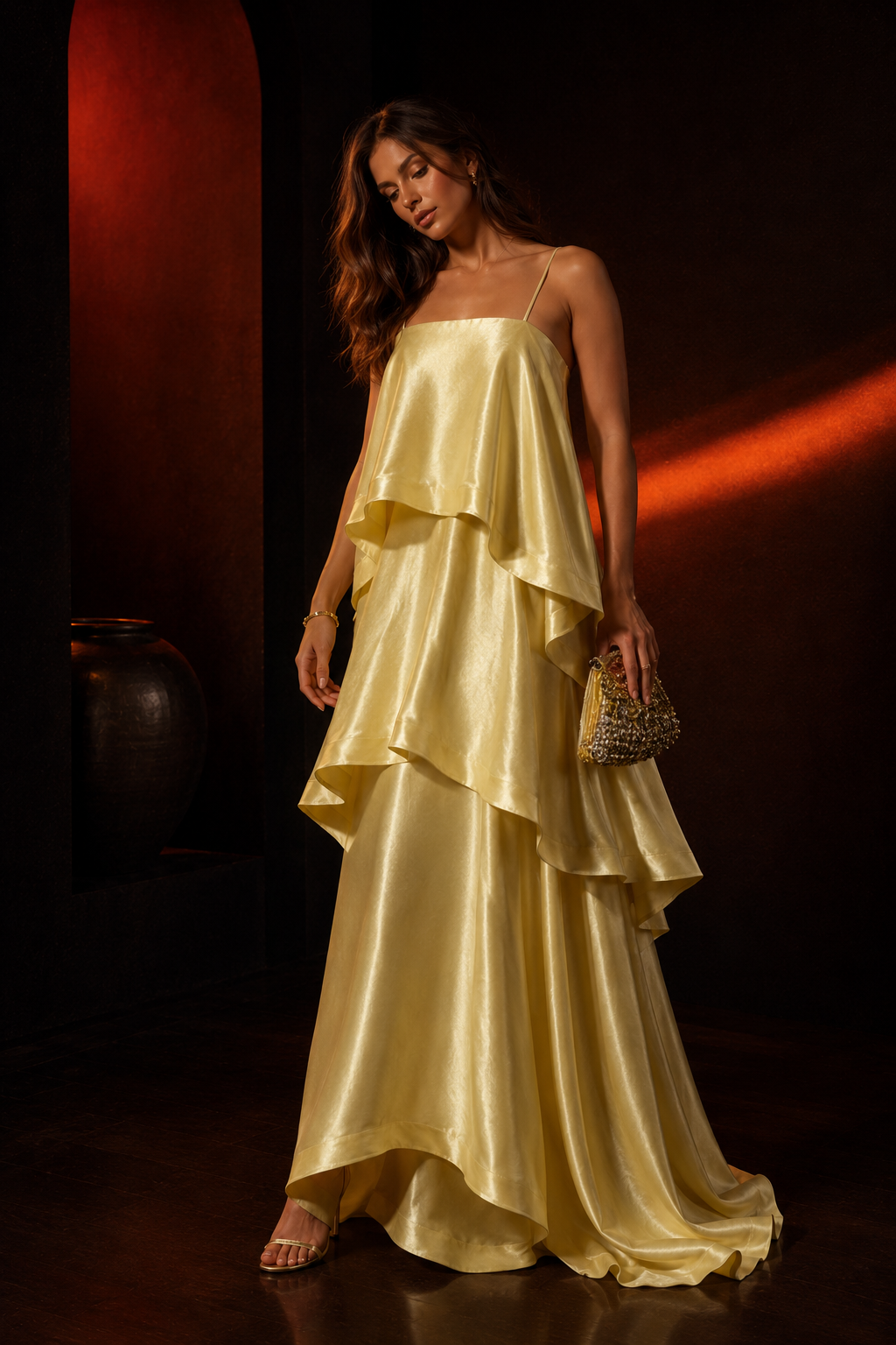 Satin Wide-leg Strap Multi-layered Holiday Dress