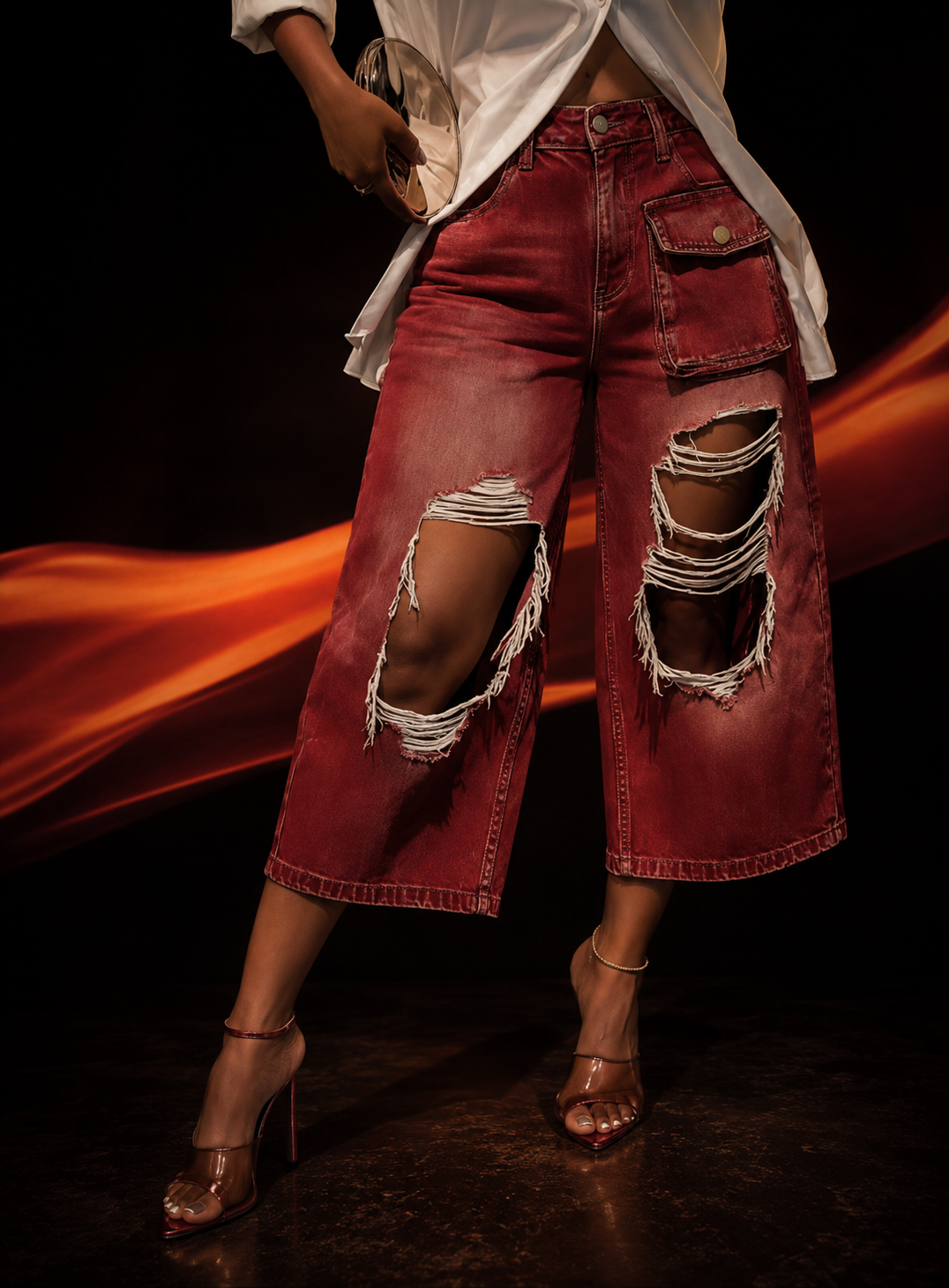 Whitewashed Vintage-style Red Ombre Ripped Raw-edge Wide-leg Capri Pants